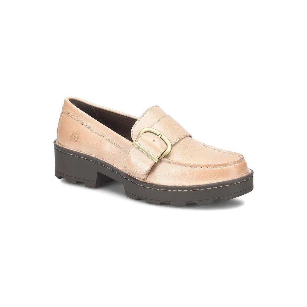 Born Pink-Tan Leather Lug Sole Loafers with Buckle